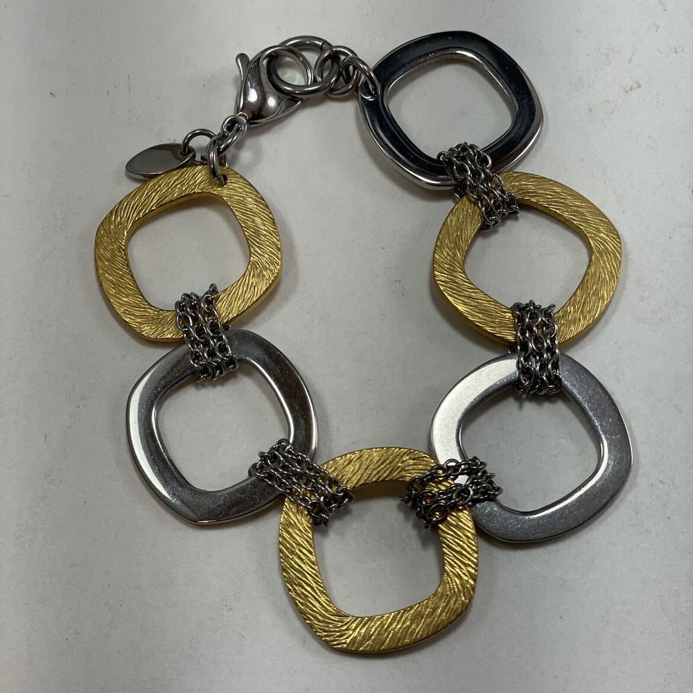 QVC Steel By Design Two Tone 28” Necklace & 8” Bracelet Earrings Rounded Square - Picture 10 of 16